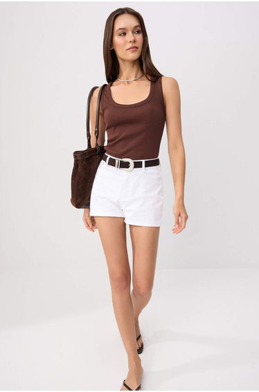 Brown Regular Pool Collar Thick Strap Sleeveless Ribbed Stretchy Knitted Tank Top