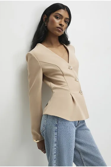 جاكيت بكسرات بأكمام طويلة - بيج