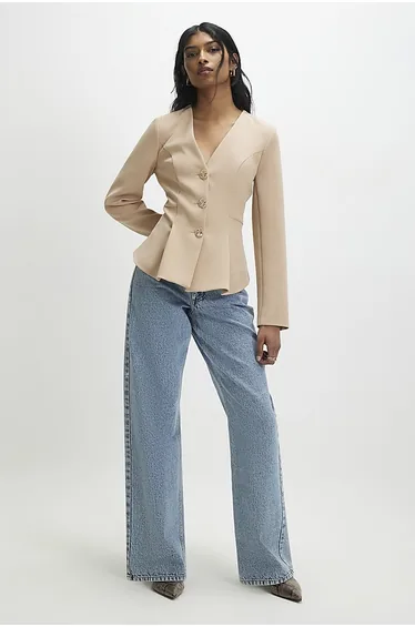 جاكيت بكسرات بأكمام طويلة - بيج