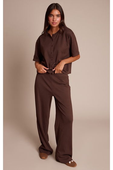 Chocolate Brown Rib Wide Leg Trouser