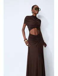 Modern Muse Brown High Neck Cutout Maxi Dress - 11