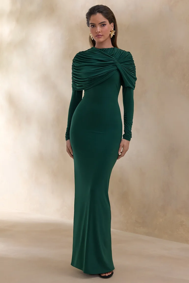Evessa | Dark Green High-Neck Maxi Dress With Gathered-Detailing - 5