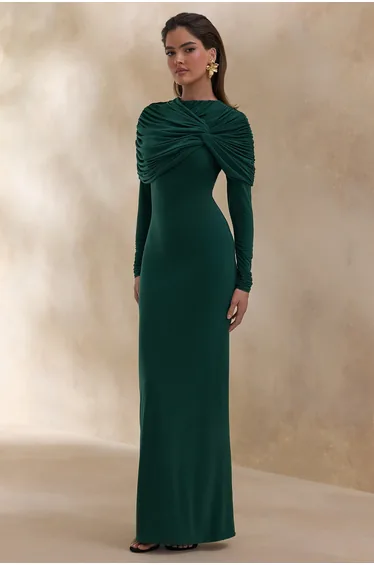 Evessa | Dark Green High-Neck Maxi Dress With Gathered-Detailing