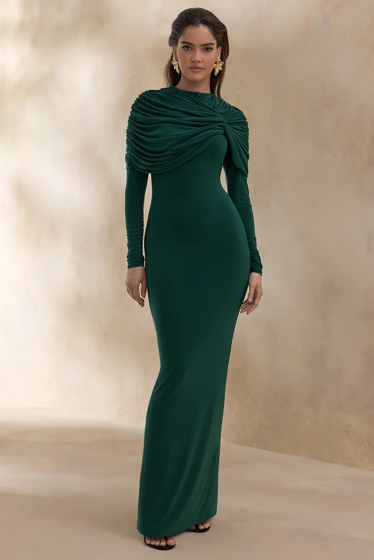 Evessa | Dark Green High-Neck Maxi Dress With Gathered-Detailing - 4