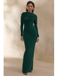 Evessa | Dark Green High-Neck Maxi Dress With Gathered-Detailing - 4
