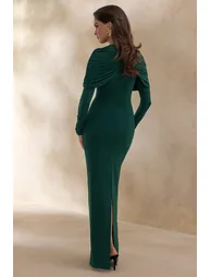 Evessa | Dark Green High-Neck Maxi Dress With Gathered-Detailing - 1