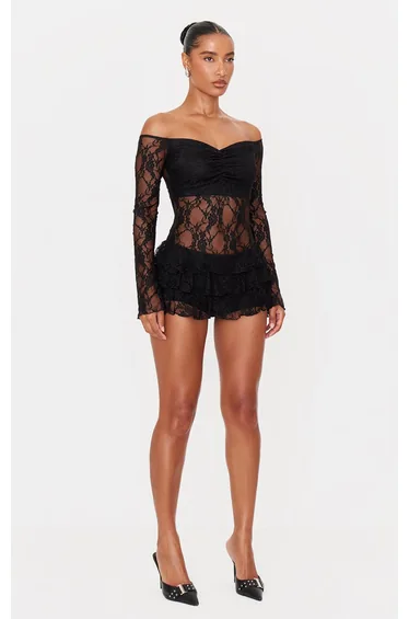 Black Lace Bardot Rara Skort Playsuit