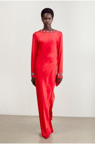 The Founder Crystal Embellished Raw Edge Satin Wrap Maxi Dress