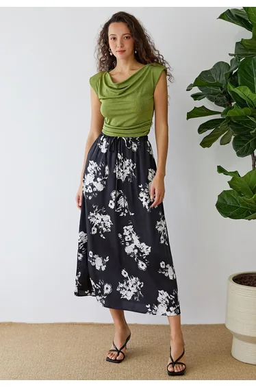 Elastic Drawstring Waist Floral Satin Maxi Skirt