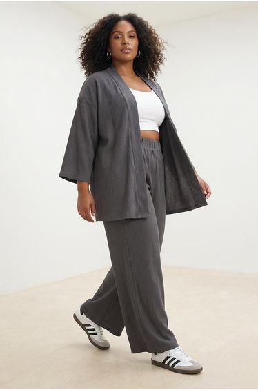 Anthracite Solid Relaxed Fit Stretchy Kimono Knitted Plus Size Bottom-Top Set