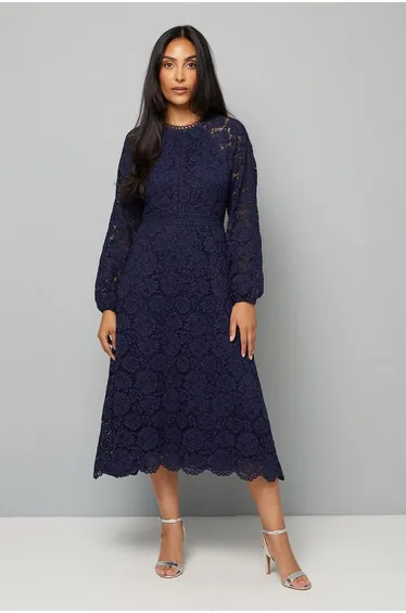 Petite Lace Long Sleeve Fit & Flare Midi Dress