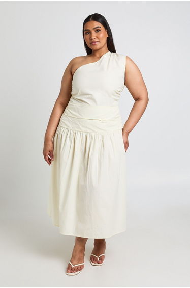 Plus Cotton Poplin One Shoulder Ruched Midaxi Dress - lemon