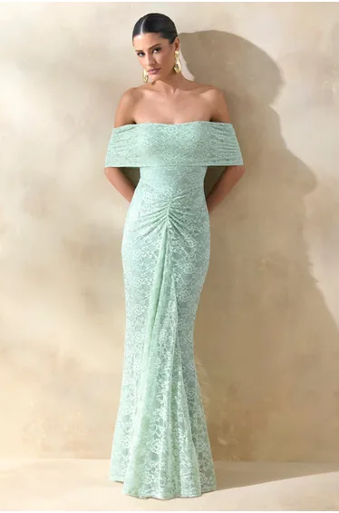 Elinor | Sage Lace Bardot-Neck Maxi Dress With Gathered-Detailing
