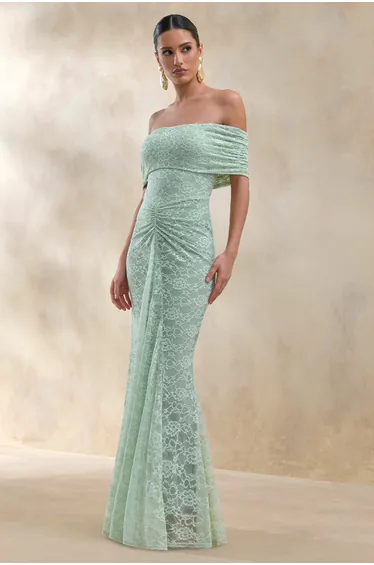 Elinor | Sage Lace Bardot-Neck Maxi Dress With Gathered-Detailing