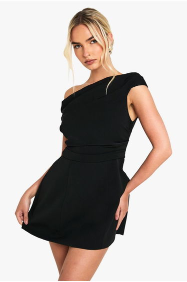 Asymmetric Drape Tailored Mini Dress - black