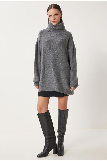 Women's Anthracite Turtleneck Long Knit Sweater