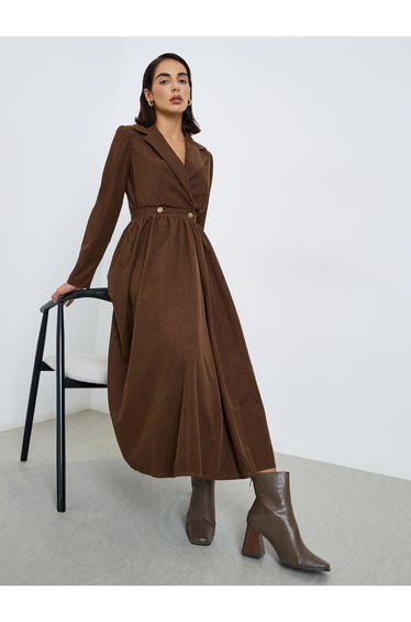 Women Brown Corduroy Blazer Midi Dress
