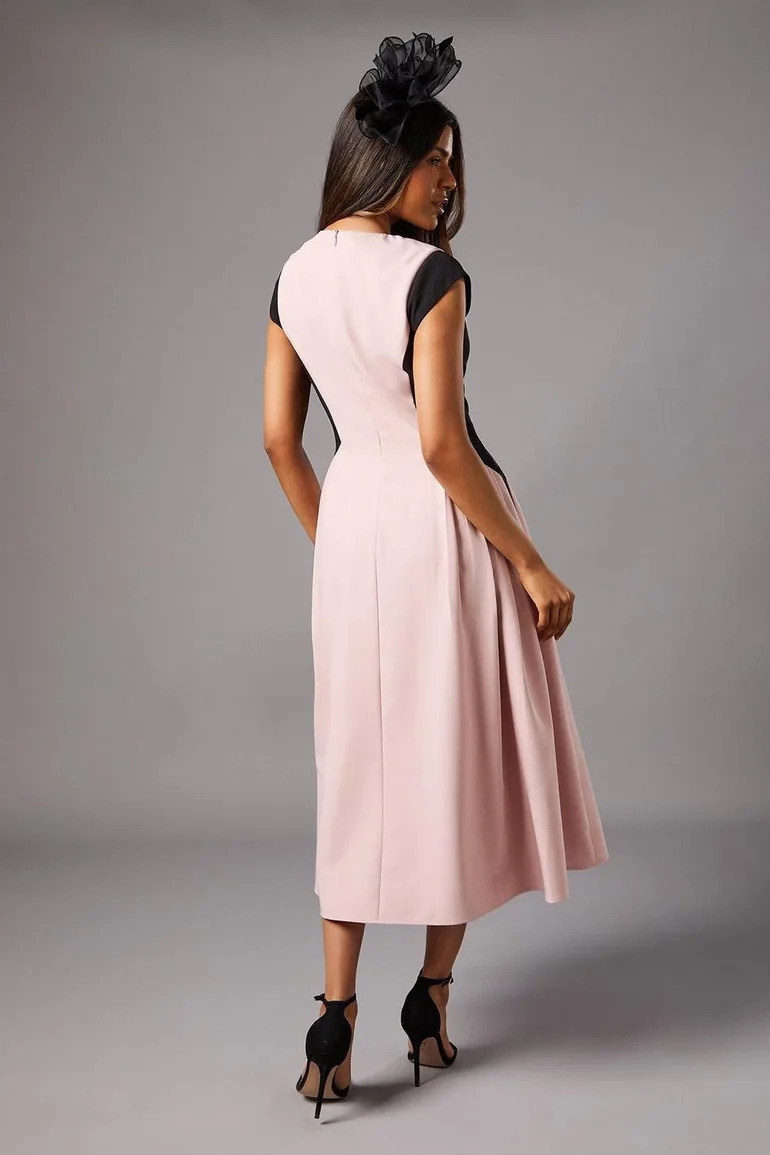 knee length dresses for ladies Acacia Hybrid Knit Satin Colourblock Midi Dress  Florere