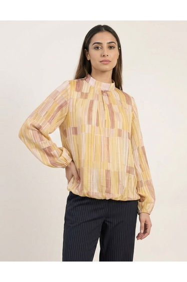 Tile Print Puffball Blouse With Metallic Detail