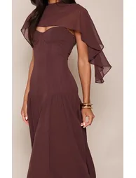 Chocolate Chiffon Cape Detail Bandeau Skater Midi Dress - 3