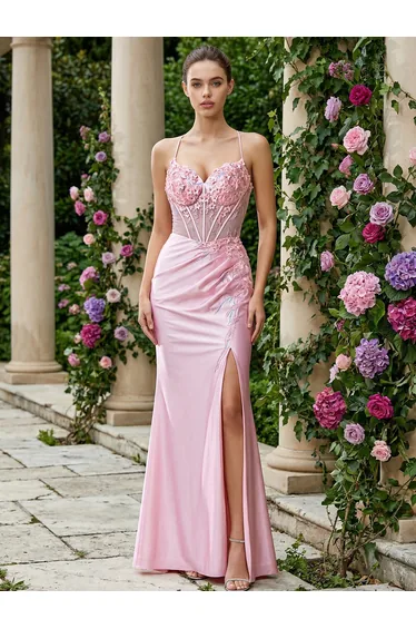 فستان ليلي ستان زهري طول الأرض على شكل حرف A