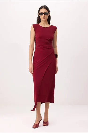 Claret Red Plain A-Line Crew Neck Sleeveless Ruched Midi Stretchy Lined Knitted Dress