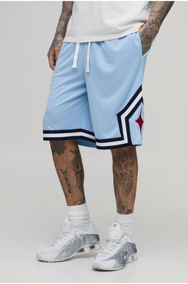 Tall Mid Length Mesh Tape Detail Basketball Shorts - pastel blue