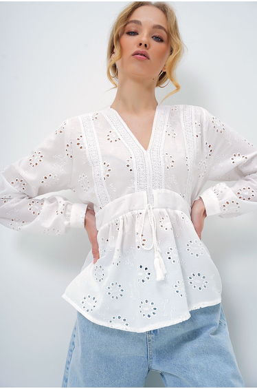 Women's White V Neck Tie Detailed Embroidered Weaving Blouse
