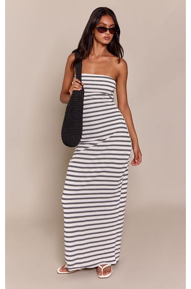 White Stripe Rib Bandeau Bodycon Maxi Dress