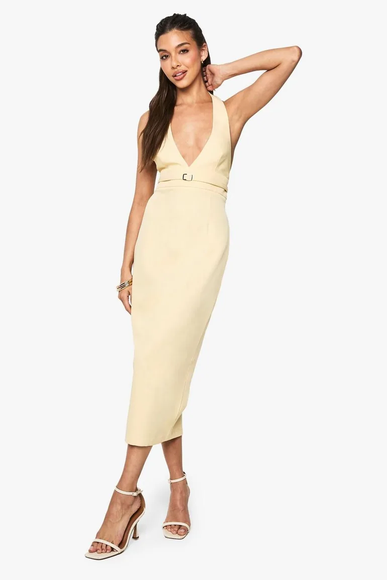 buckle halter dress Backless Hardware Venezia Square Neck, Melanie Buckle Midi Dress in Black, Size S,