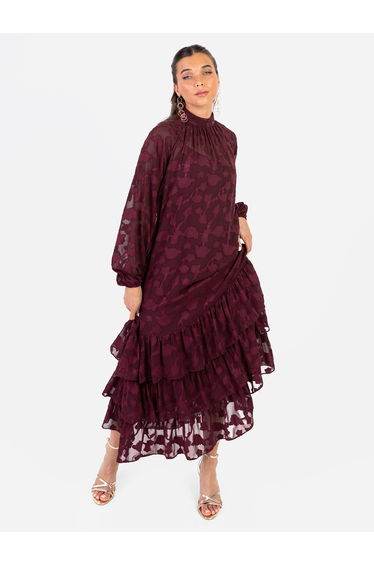 Anaya With Love Recycled Maroon Floral Burnout Long Sleeve Trapeze Midaxi Dress