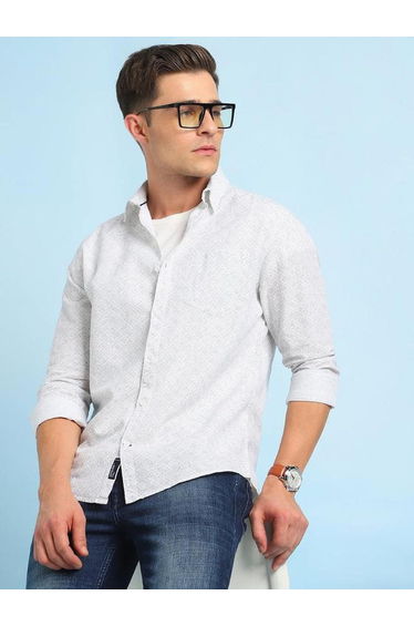 Men White Abstract Print Spread Collar Shirt