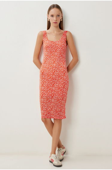 ISTANBUL Floral Printed Sleeveless Midi Dress with U Collar