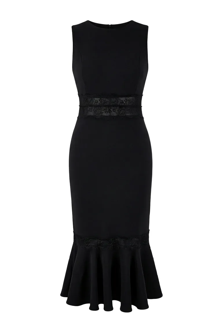 Black Lace Detailed Woven Midi Unlined Stylish/Evening Dress - 4