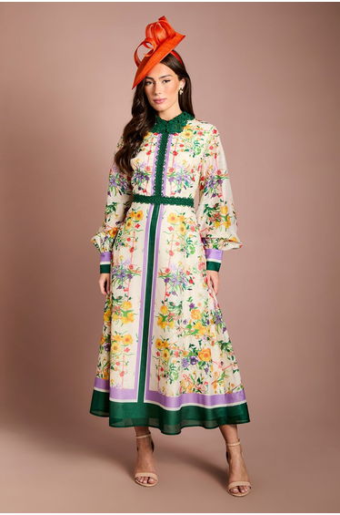 Lace Collar Placement Print Organza Shirt Dress