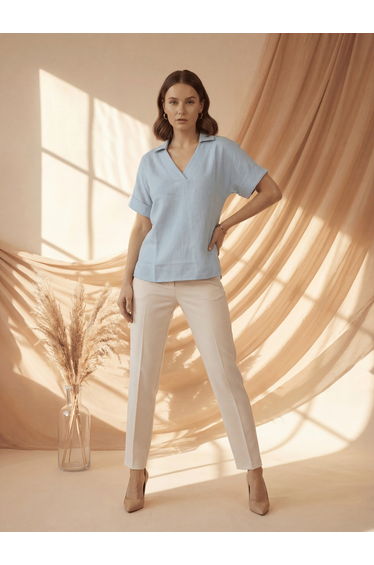 Blue Relaxed Fit Open Collar Top