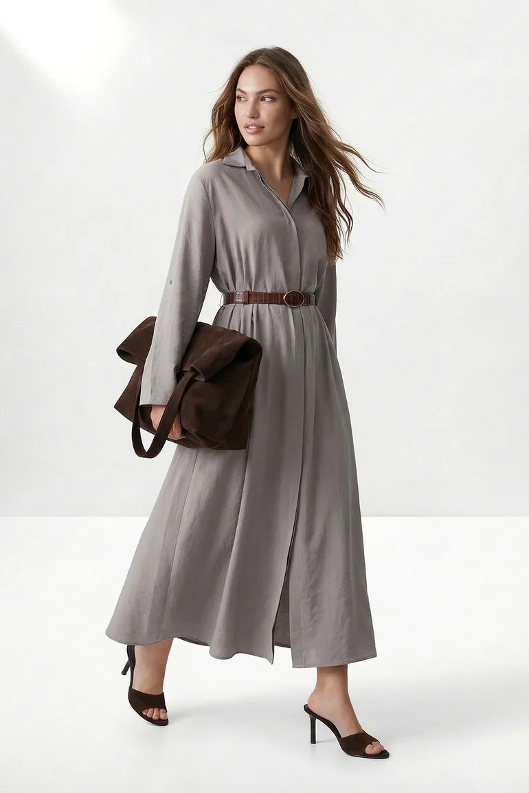 Mink Leather Belted Midi Woven Dress