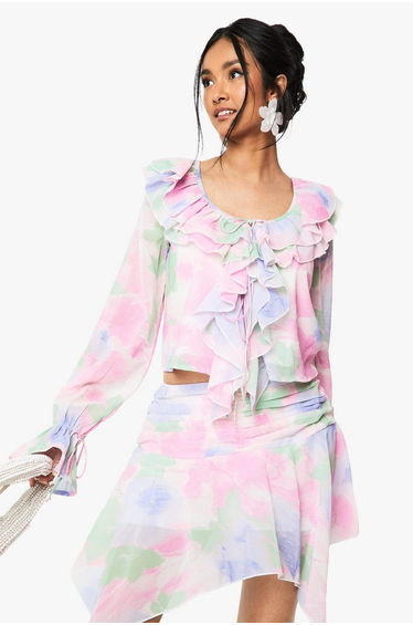 Floral Chiffon Ruffle Blouse - blush