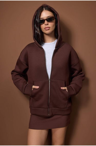 Wardrobe essentials – dark brown oversize hooded knitted sweatshirt product thumbnail 2