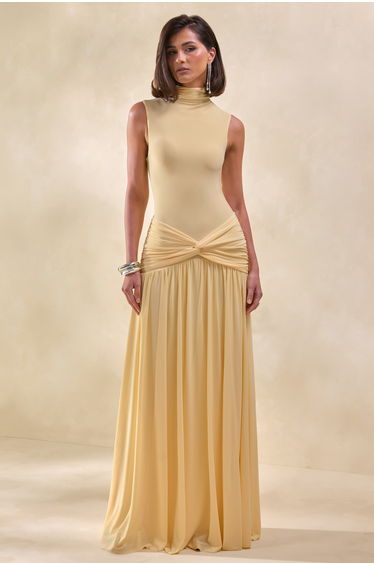 Glimora | Lemon High-Neck Maxi Dress With Ruched-Detailing