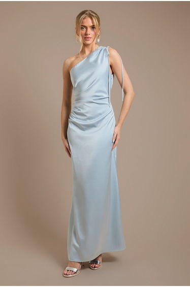 Light Blue Ruched Side Detail One Shoulder Satin Maxi Bridesmaid Dress