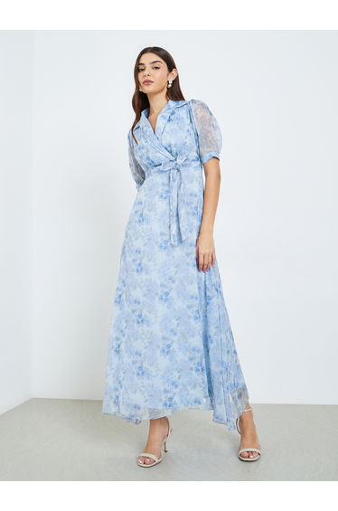 Women Blue Floral Printed Puff Sleeve Maxi Dress