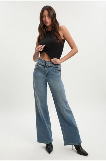 Embellished Belt High Waist Wide Leg Jean - mid wash