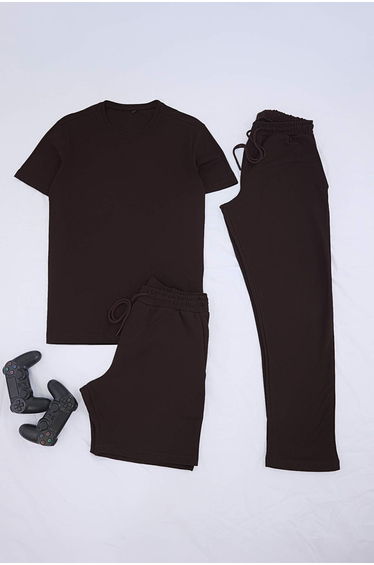 Dark Brown 3-Piece Regular/Normal Fit T-Shirt, Sweatpants, Shorts Tracksuit Set
