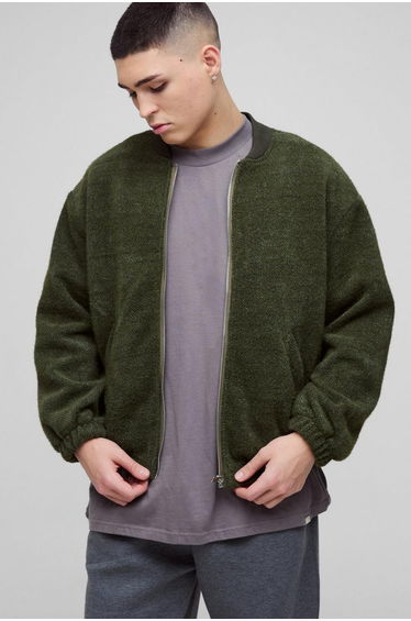 Oversized Boxy Fluffy Textured Bomber Jacket - forest