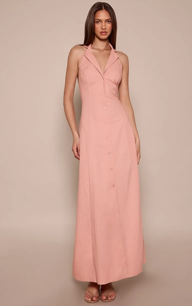Baby Pink Button Down Collar Detail Maxi Dress