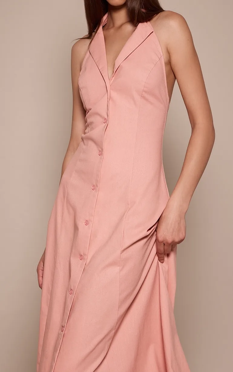 Baby Pink Button Down Collar Detail Maxi Dress - 3
