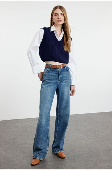 Navy Blue Crop V-Neck Knitwear Sweater