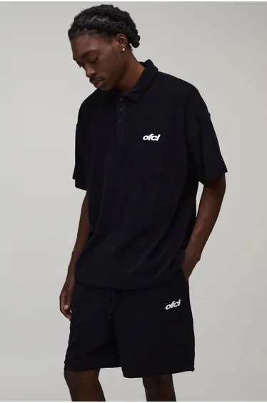Oversized Towelling Polo & Baggy Short Set - black