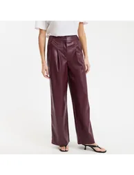 بنطلون جلد بأرجل عريضة بطيات أمامية - 1